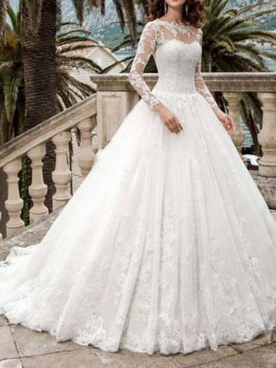 A-line Long Sleeves Sweep / Brush Train Lace Bridal Gown With Lace