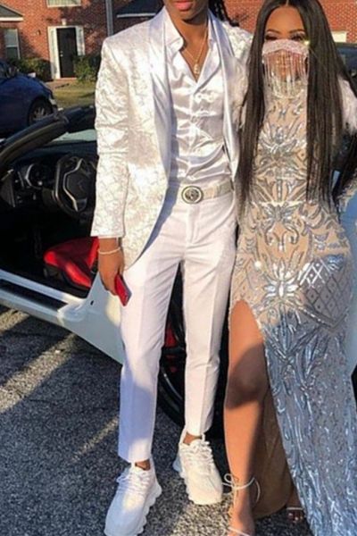 White Jacquard Prom Suit with Shawl Lapel