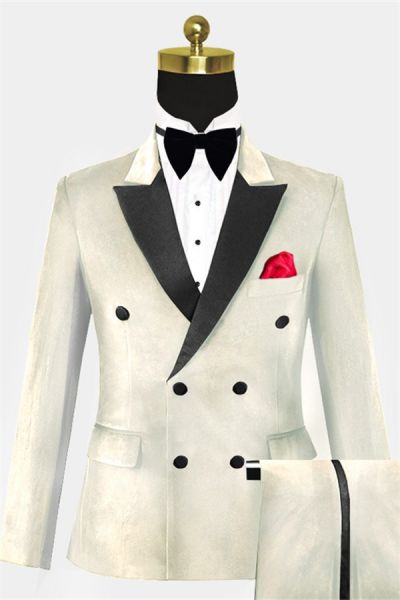Ivory Double Breasted Velvet Prom Suit with Four Buttons