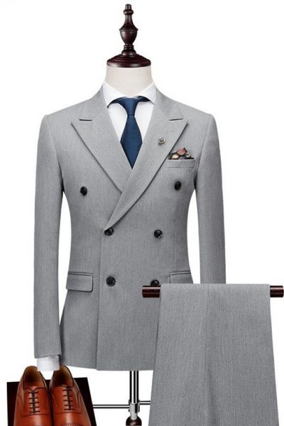 Silver Double Breasted Slim Fit  Men Suit with Peaked Lapel