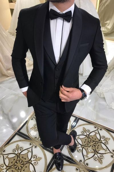 Black 3 Piece Wedding Suit with Shawl Lapel