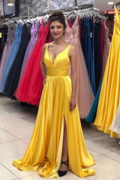 A-line V-neck Sleeveless Floor-length Stretch Satin Formal Dress With Ruffles