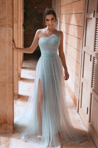 A-line One Shoulder Sleeveless Sweep / Brush Train Tulle Evening Dress With Sequins