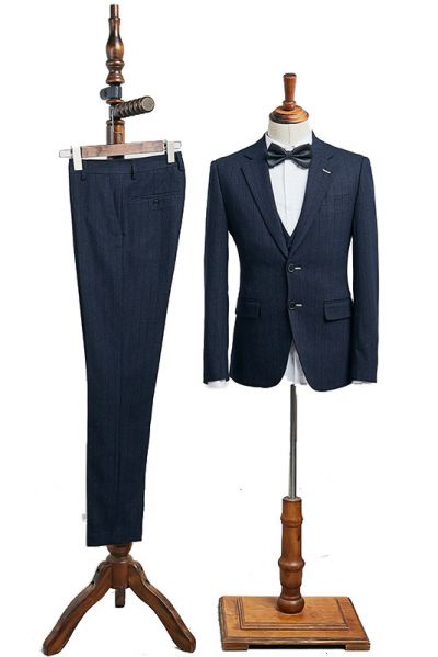Navy Blue Striped 3 Pieces Notched Lapel Business Suit
