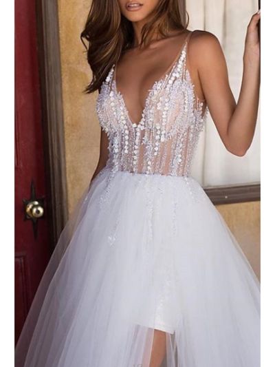 A-line Straps V-neck Asymmetrical Tulle Bridal Dress