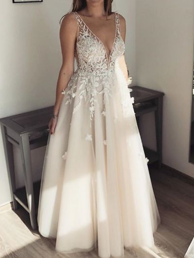 A-line Plunging Neckline Sleeveless Floor-length Lace Bridal Gown With Lace