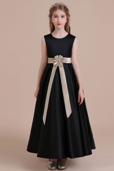 A-line Jewel Neck Sleeveless Ankle-length Satin Flower Girl Dress With Flower(s)
