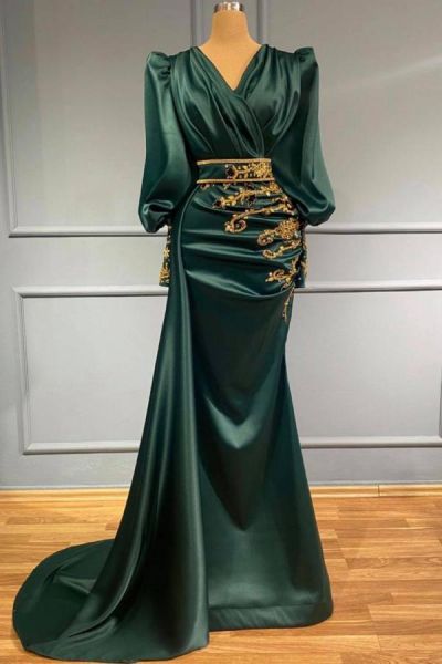 Mermaid V-neck Long Sleeves Floor-length Stretch Satin Evening Dress With Ruffles