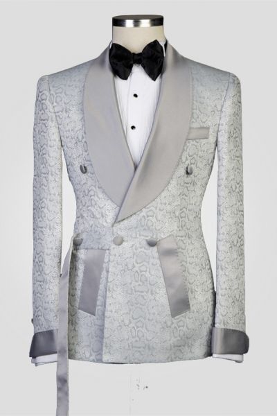 Silver Double Breasted Men's Suit with Shawl Lapel for Wedding