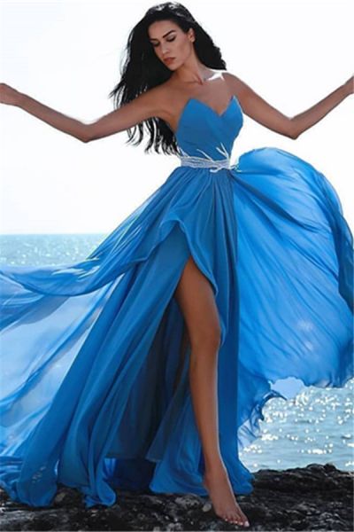 A-line Sweetheart Neck Sleeveless Floor-length 100D Chiffon Evening Dress With Crystal