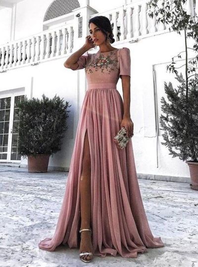 A-line Bateau Neck Floor-length 100D Chiffon Evening Dress With Appliques