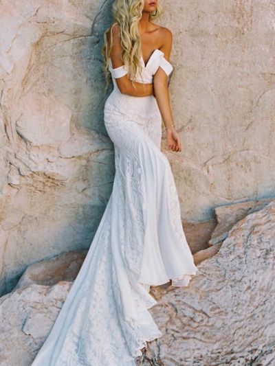 Mermaid Sweetheart Neck Short Sleeves Sweep / Brush Train Tulle Wedding Gown With Lace