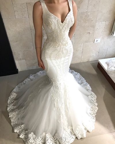 Mermaid Straps Sleeveless Court Train Tulle Bridal Gown With Beading