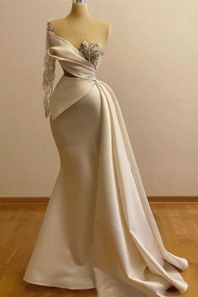 Mermaid V-neck Long Sleeves Sweep / Brush Train Satin Formal Dress With Ruffles