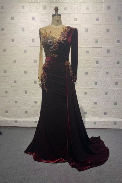 Column Jewel Neck Long Sleeves Sweep / Brush Train Tulle Evening Dress With Rhinestone