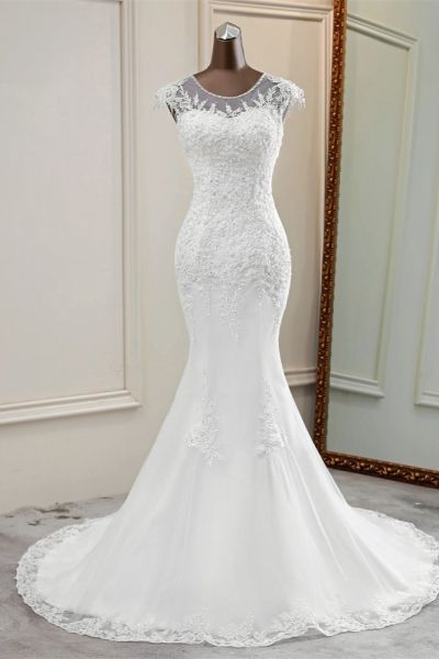 Mermaid Jewel Neck Sleeveless Floor-length Lace Bridal Attire With Lace