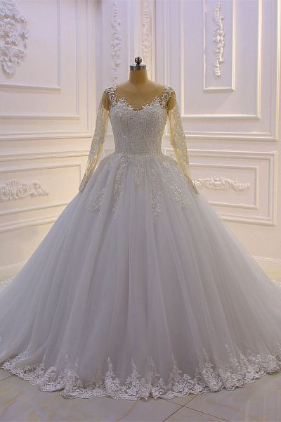 Ball Gown Jewel Neck Long Sleeves Floor-length Tulle Bridal Dress With Beading
