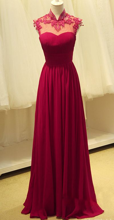 A-line High Neck Sleeveless Floor-length 100D Chiffon Evening Dress With Appliques