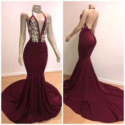 Mermaid V-neck Sleeveless Court Train Stretch Satin Formal Dress With Crystal