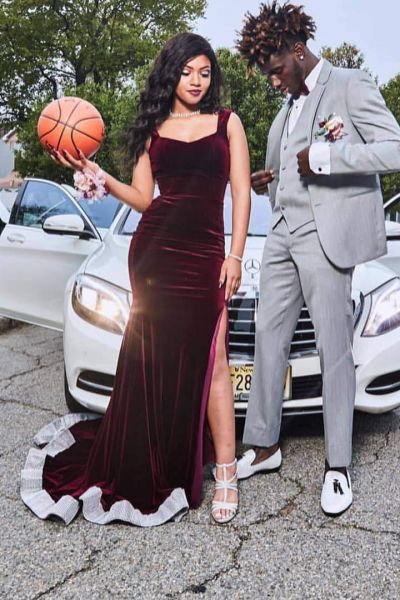 Velvet Spaghetti Straps Sleeveless Mermaid Prom Dress with Front Slit