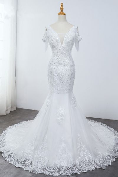 Mermaid V-neck Sleeveless Floor-length Tulle Wedding Dress With Beading