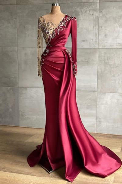 Mermaid V-neck Long Sleeves Floor-length Stretch Satin Formal Dress With Beading