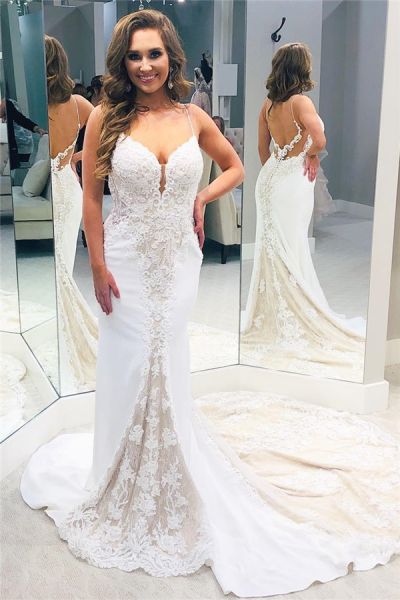 Mermaid Spaghetti Straps Sleeveless Sweep / Brush Train Bridal Dress With Lace