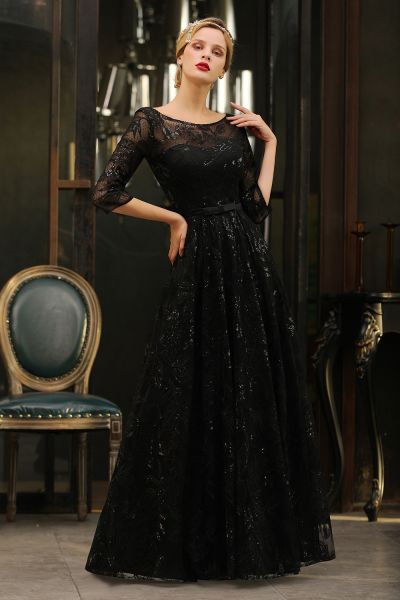 A-line Jewel Neck 3/4-Length Sleeves Floor-length Tulle Evening Dress With Sequins