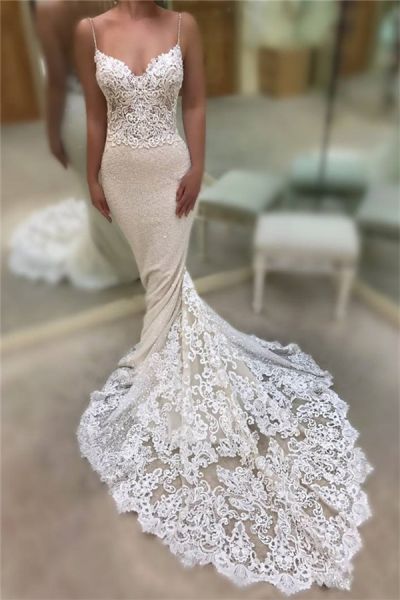 Mermaid Spaghetti Straps Sleeveless Court Train Bridal Gown With Lace