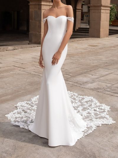 Mermaid Short Sleeves Court Train Tulle Wedding Dress With Buttons