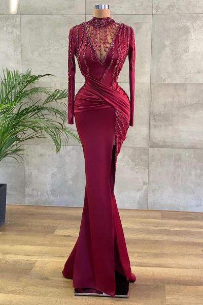 Mermaid High Neck Long Sleeves Floor-length Satin Evening Gown With Pearls