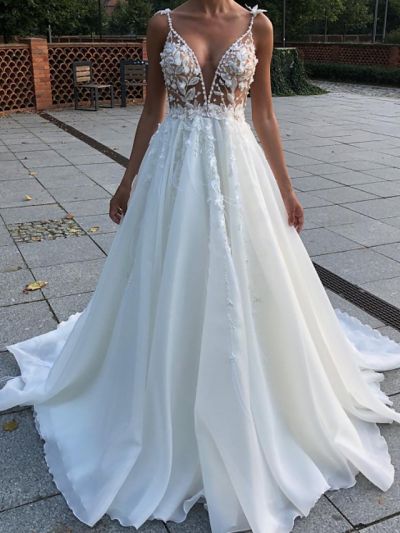 A-line V-neck Sleeveless Sweep / Brush Train Tulle Wedding Gown With Lace