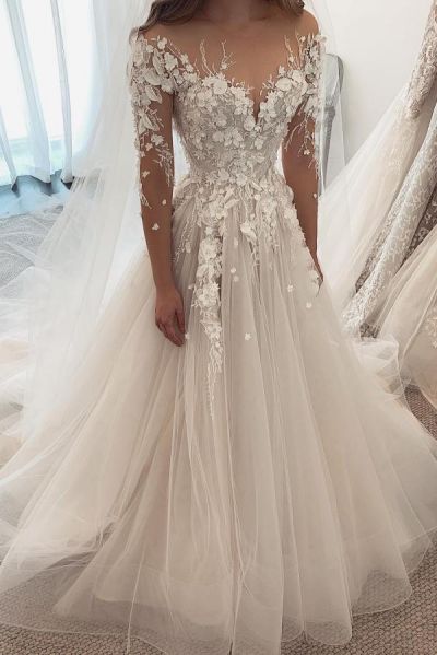 A-line Sweetheart Neck Long Sleeves Court Train Tulle Bridal Gown With Lace