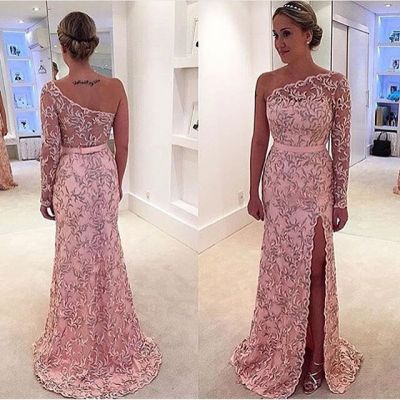 A-line One Shoulder Long Sleeves Formal Dress With Sweep / Brush Train