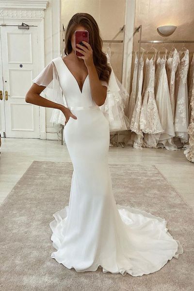 Mermaid V-neck Short Sleeves Court Train Satin Wedding Gown With Ribbons