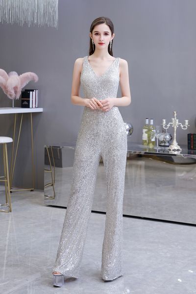 Shining V-neck Silver Sequin Sleeveless Prom Jumpsuit