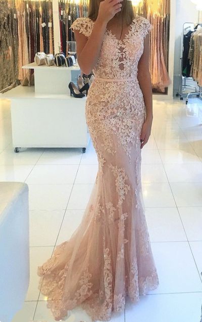 Mermaid V-neck Sleeveless Sweep / Brush Train Tulle Evening Gown With Lace
