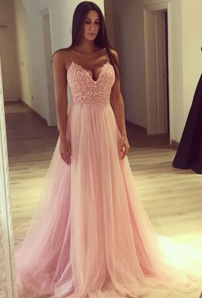 A-line V-neck Sleeveless Floor-length Tulle Prom Dress With Lace