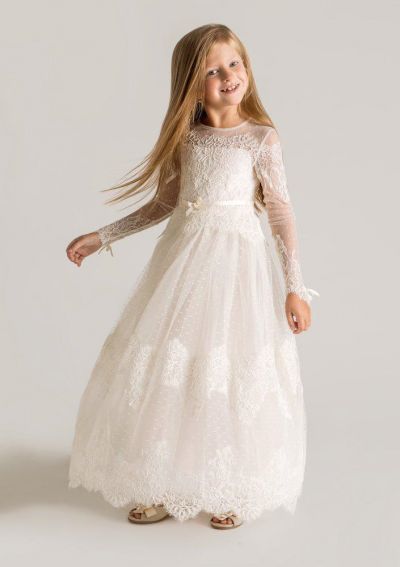 A-line Jewel Neck Floor-length Tulle Flower Girl Dress With Lace