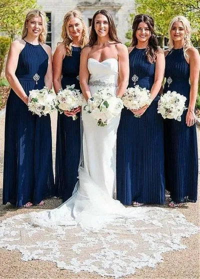 Sheath Halter-neck Sleeveless Floor-length 100D Chiffon Bridesmaid Dress
