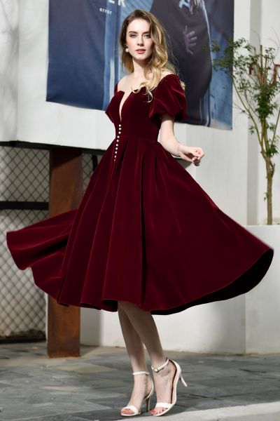 A-line Jewel Neck Short Sleeves Tea-length Velvet Homecoming Dress With Pearls