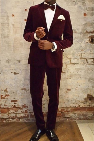 Wine Red Velvet Notched Lapel Suit