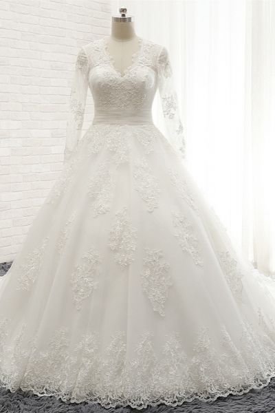 A-line V-neck Long Sleeves Court Train Tulle Bridal Gown With Appliques