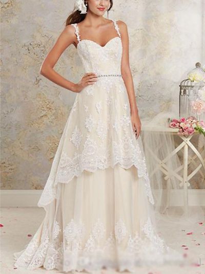 A-line Sweetheart Neck Sweep / Brush Train Tulle Wedding Gown With Lace