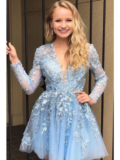 A-line V-neck Long Sleeves Mini Tulle Prom Dress With Lace