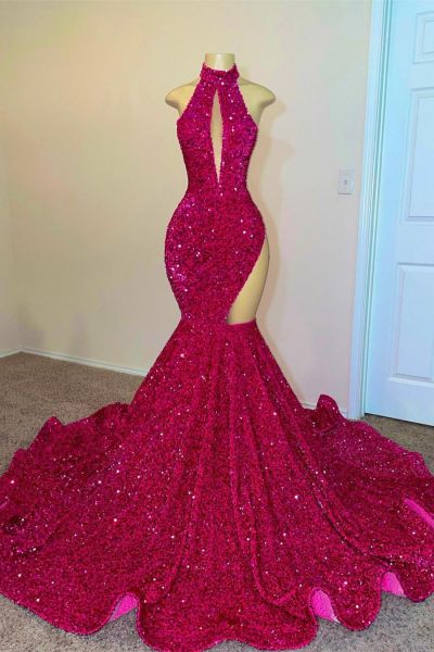 Mermaid Halter-neck Sleeveless Sweep / Brush Train Evening Gown With Sequins