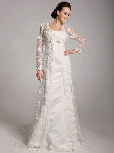 Column Square Neck Long Sleeves Sweep / Brush Train Lace Bridal Gown With Lace