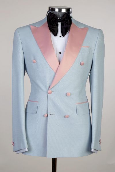 Sky Blue Double Breasted Men Suit With Pink Peaked Lapel