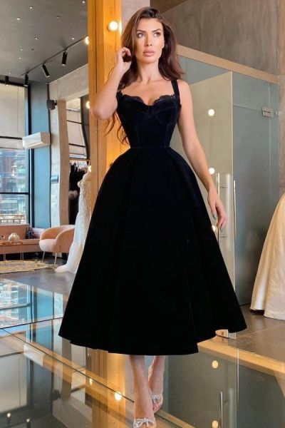 A-line Spaghetti Straps Sleeveless Tea-length Velvet Evening Dress With Ruffles