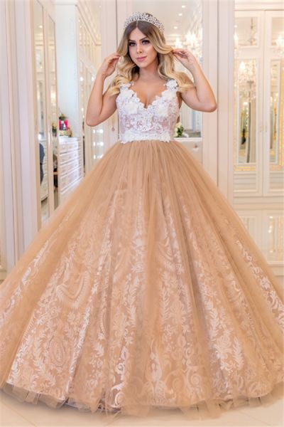 Ball Gown V-neck Sleeveless Court Train Tulle Evening Gown With Lace